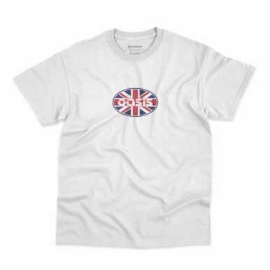 Camiseta British Flag no formato oval da banda Oasis na cor branca