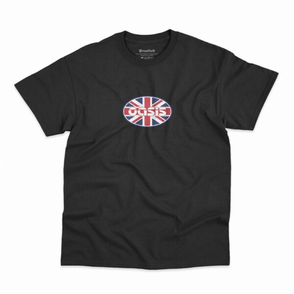 Camiseta British Flag no formato oval da banda Oasis na cor preta