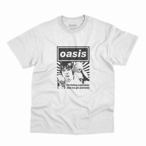 Camiseta na cor branca Oasis Supersonic com Liam Gallagher