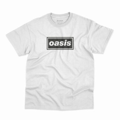 Camiseta na cor branca com logo da banda Oasis