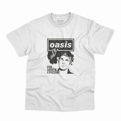Camiseta Oasis Noel D'Yer Wanna Be a Spaceman na cor branca