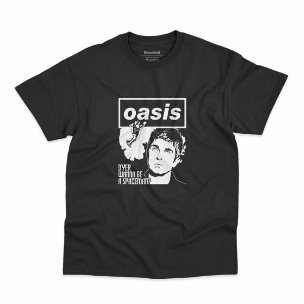 Camiseta Oasis Noel D'Yer Wanna Be a Spaceman na cor preta