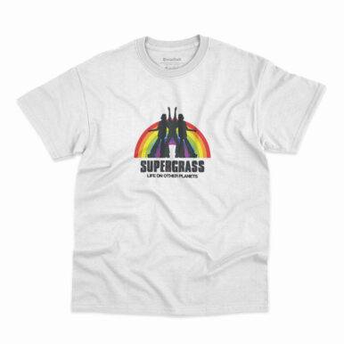 Camiseta branca com estampa da banda Supergrass Life On Other Planets