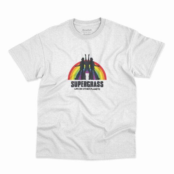 Camiseta branca com estampa da banda Supergrass Life On Other Planets