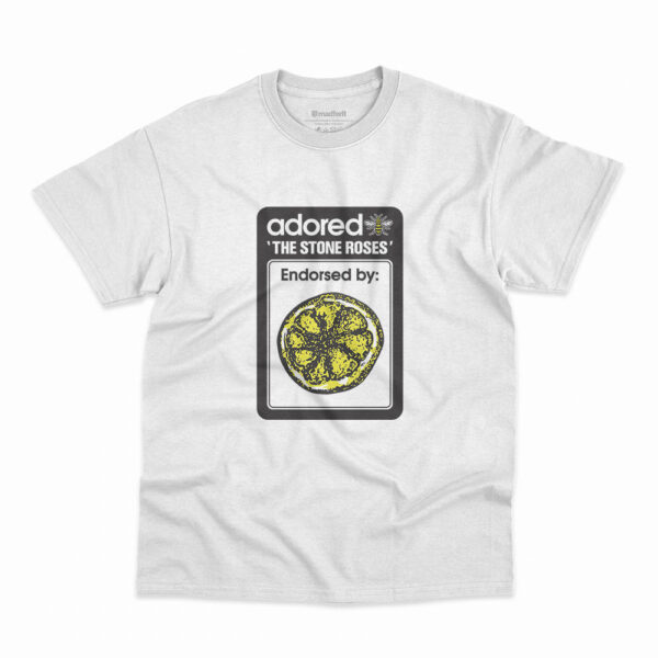 Camiseta na cor branca com estampa Adored da banda The Stone Roses