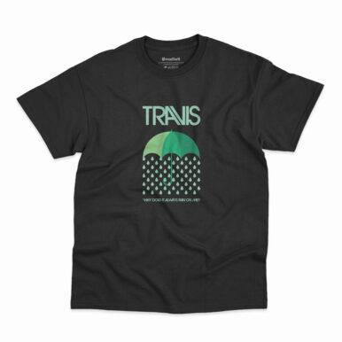 Camiseta preta da banda Travis estampa Why Does Its Aways Rain On Me