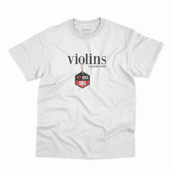 Camiseta branca da banda Violins com estampa Grandes Infieis Vendedor de Rins