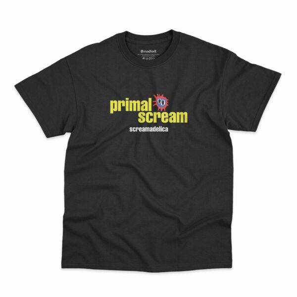 Camiseta preta com estampa da banda Primal Scream