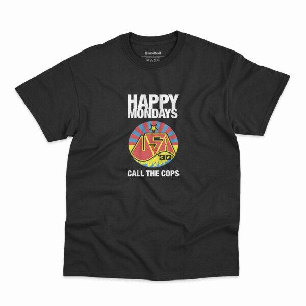 Camiseta preta Call The Cops da banda Happy Mondays